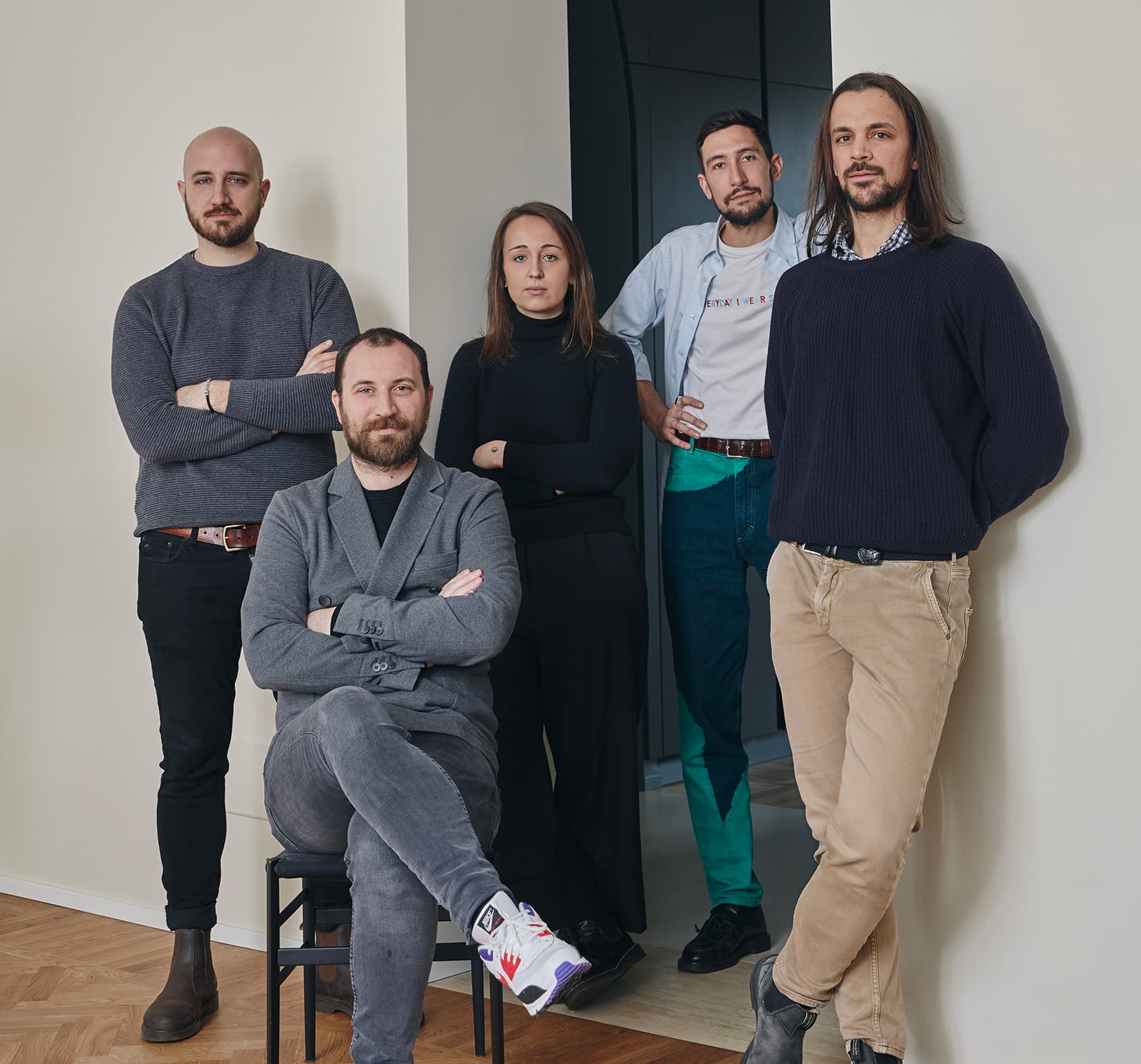 Portrait of Alessandro Triulzi, Piermattia Cribiori, Stefano Grigoletto, Andrea Giovanni Rossi, and Matilde Valagussa — the featured professional architects.