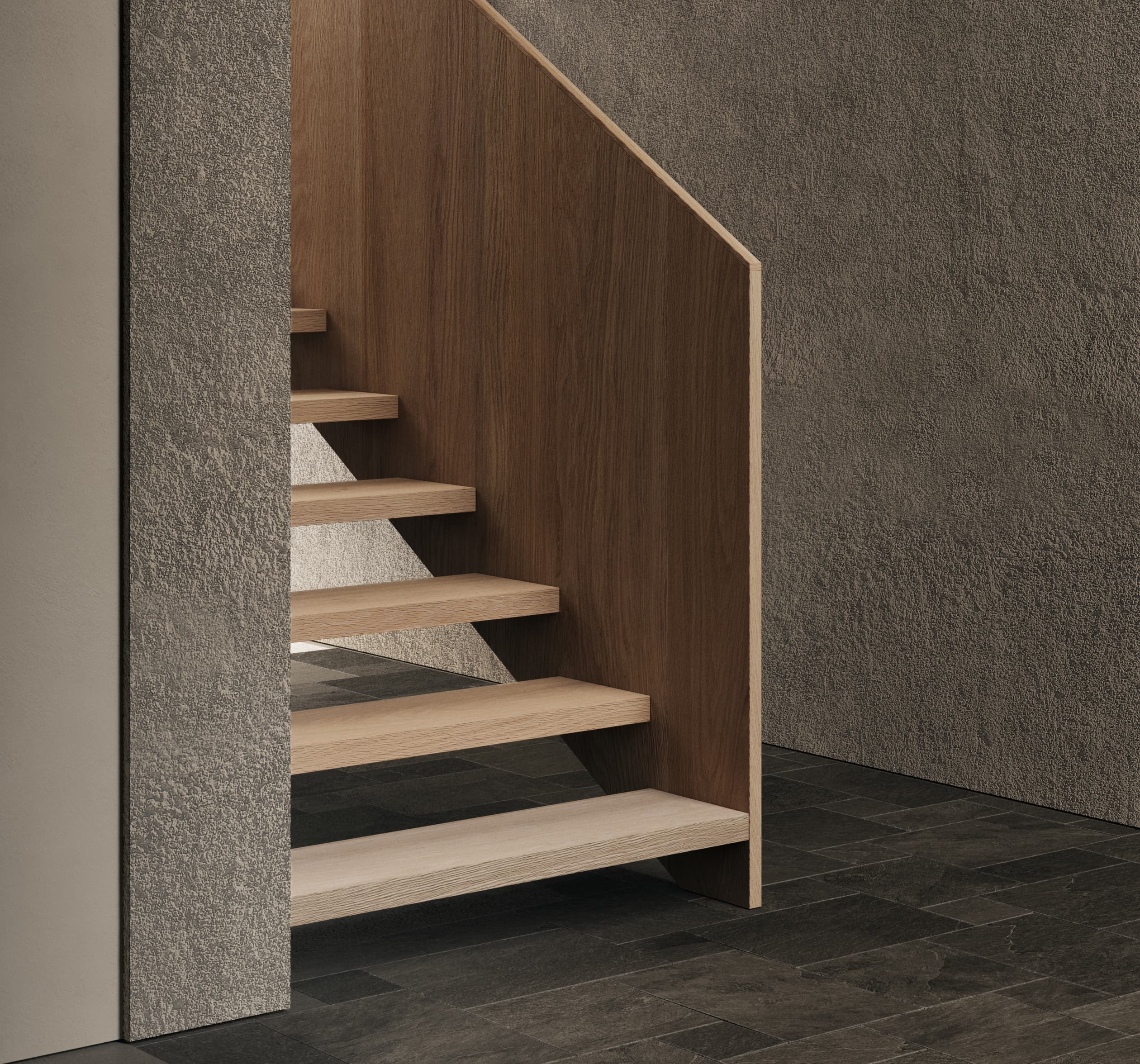 Modern wooden staircase with open risers, set against textured gray walls and dark tiled flooring.